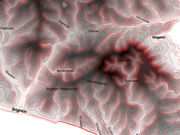 Contour Map of area between Brighton and Lewes; map based on data from Ordnance Survey.