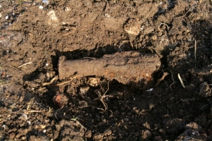 Rear end of fired suspected 3" mortar, with fins; 9th February 2014